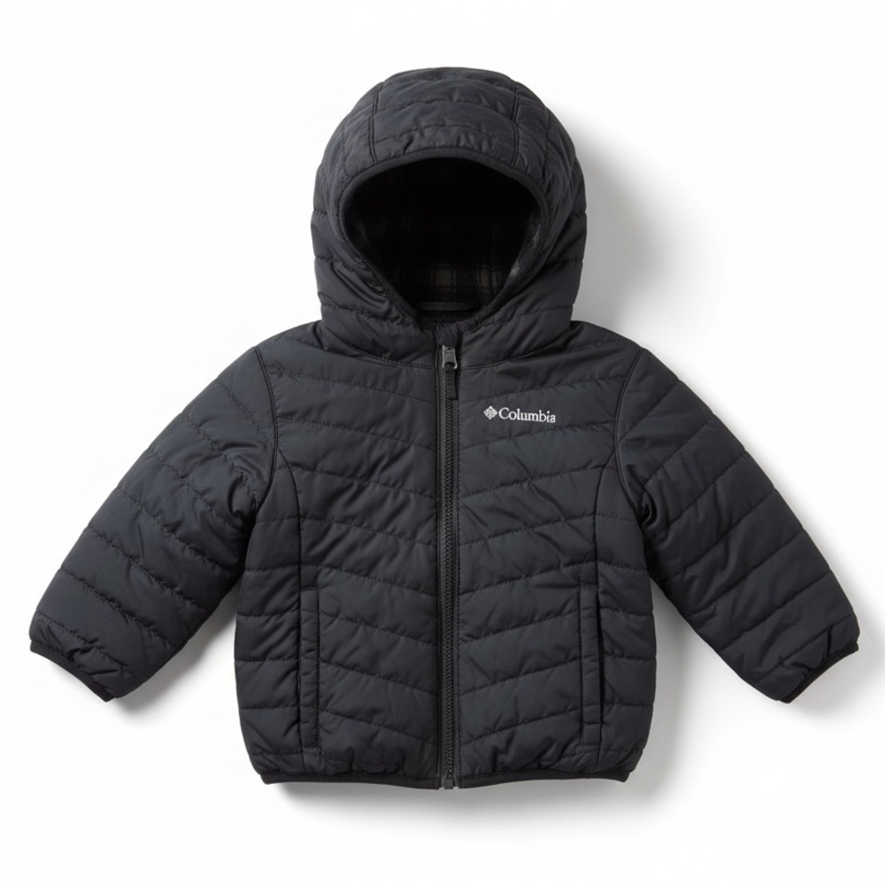 Columbia Reversible Puffer Hooded Fleece Jacket Black Gray Plaid Size 2T